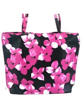 Vegan Leather Pink and Black Floral Beach Picnic Tote Bag with top clasp   NEW